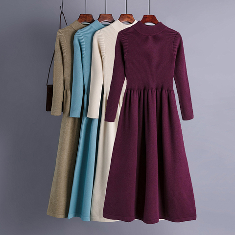 Knitted Elegant Women Sweater Dress Autumn Winter Thick Warm Long Midi Dress Elgant Solid Office Ladies A Line Sweater Dresses ► Photo 1/6