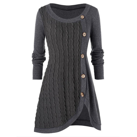 Plus Size 5XL Winter Solid Buttons Tunic Sweater Women Warm Long Sleeve Knitted Pullover Sweater Female Jumper Women Ladies Tops ► Photo 1/6