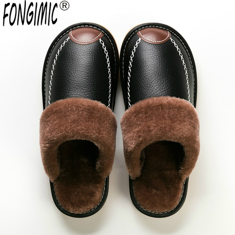 Men Winter Leather Slippers Bedroom Cotton Slippers Male Waterproof Thick Plus Velvet Indoor Warm House Home Slippers Shoes ► Photo 1/5