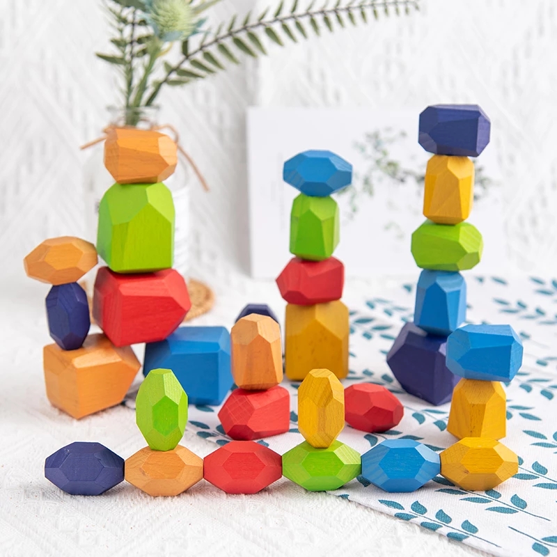 Baby Educational Geometric Wood Stone Creative Stacking Balancing Block Toy Gift 