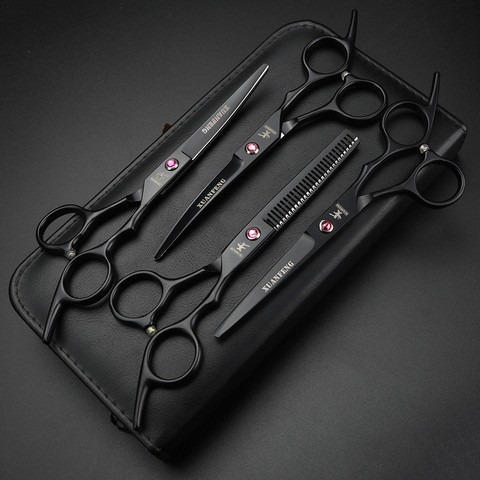 6 inch Professional pet grooming kit cutting thinning scissors and curved pieces 4 pieces Black right-handed Pet Scissors Set ► Photo 1/6