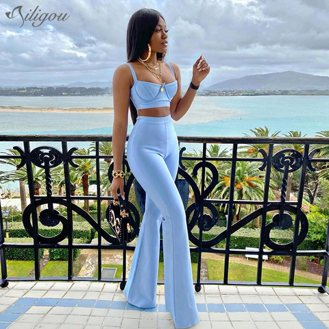 Ailigou Bandage Set 2 Pieces Strap Sleeveless Bustiers And Long Bell-Bottoms Trousers Sexy Celebrity Party Sheath Vestidos ► Photo 1/6
