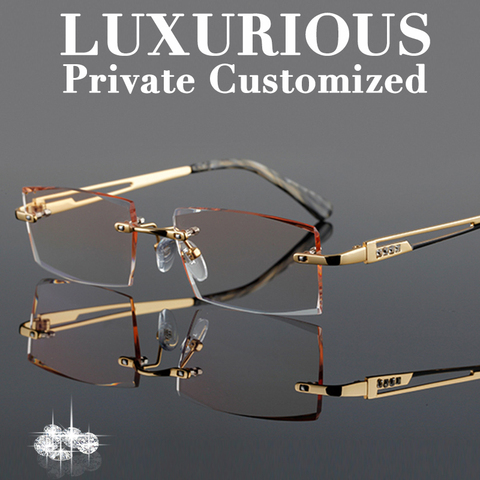 Luxury Gold Glasses Frames Men Rhinestone Eyeglass Titanium Frame High Clear Lens Ti Rimless Optical Complete Spectacles 645 ► Photo 1/6