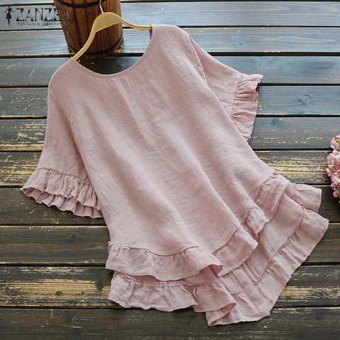 Women's Summer Blouse ZANZEA 2022 Kaftan Ruffle Shirts Casual Half Sleeve Blusas Female O Neck Solid Tunic Plus Size Tops S-5XL ► Photo 1/6