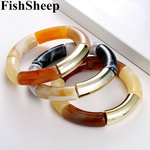 FishSheep New Gold Color Acrylic Bracelets & Bangles For Women Resin Stretch Curved Beaded Tube Charm Bracelet Fashion Jewelry ► Photo 1/6