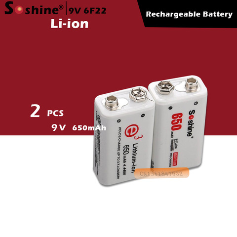 Soshine 2pc 650mAh 9V 6F22 Li-ion Lithium Rechargeable Battery for Electronic Smoke Guitar ► Photo 1/6