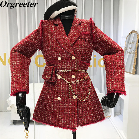 2022 New Gold thread Plaid Suit Coat Women Notched Double breasted Feather Tassel Trim Slim Tweed Jacket With Free Belt bag ► Photo 1/6