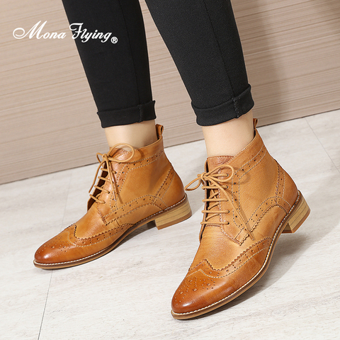 Mona flying Womens Genuine Leather Wingtips Boots Ankle Heels Fashion Lace up Booties with Low Heel For women Ladies 068-65 ► Photo 1/6
