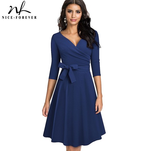 Nice-forever 2022 New Spring Pure Color with Sash Retro Dresses Cocktail Party Flare Swing Women Dress A240 ► Photo 1/6