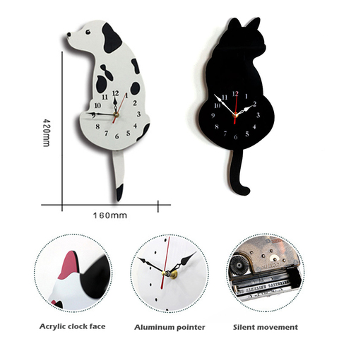 Cute Wagging Tail Cat Dog Design Wall Clock Kids Bedroom Wall Decoration Unique Gift Creative Cartoon Mute DIY Wall Clocks ► Photo 1/6