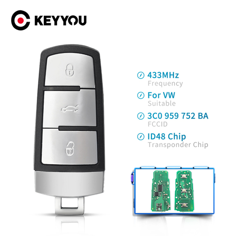 KEYYOU 3C0959752BA 3BT Keyless Uncut Smart Remote Key Fob 433MHZ ID48 Chip For VolksWagen VW Passat B6 3C B7 Magotan CC Car Key ► Photo 1/6