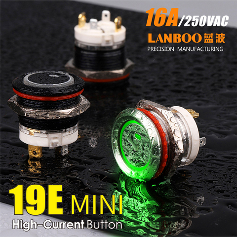 LANBOO 19mm metal push button switch 16Amp high current with LED latching or momentary 1NO 4pin waterproof IP67 MINI switch ► Photo 1/6