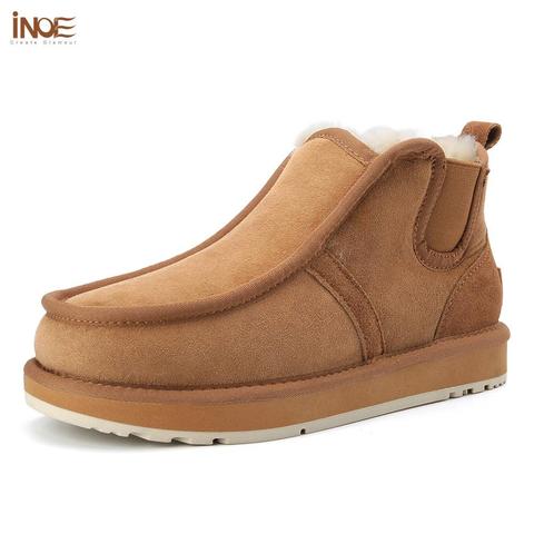 INOE new genuine suede sheepskin leather natural wool fur lined men winter snow boots with zipper short ankle winter shoes brown ► Photo 1/6
