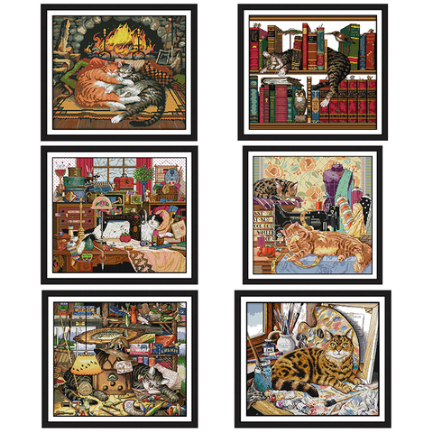 Various cat animal pattern printed cross-stitch kits Chinese embroidery kit DIIY needlework embroidery home decoration painting ► Photo 1/6