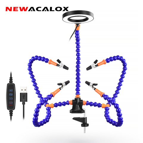 NEWACALOX Third Hand  3X USB Magnifier LED Light Table Clamp  5pc Flexible Arms Soldeirng Iron Holder PCB Welding Repair Tool ► Photo 1/6