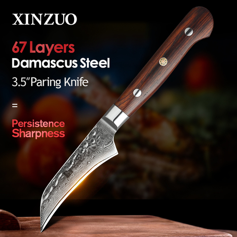 XINZUO 3.5'' inch Fruit Knife Stainless Steel Kitchen Accessories Vegetable Slicer Paring Knives Damascus Blade Rose Wood Handle ► Photo 1/6
