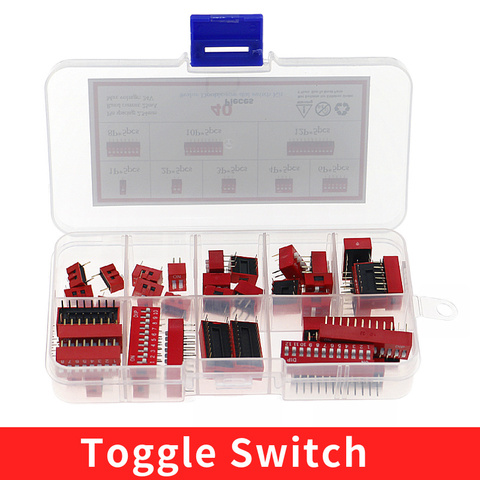40pcs/lot Dip Switch Kit In Box 1 2 3 4 6 8 10 12 Way 2.54mm Toggle Switch Red Snap Switches Mixed Kit Each 5pcs Combination Set ► Photo 1/5