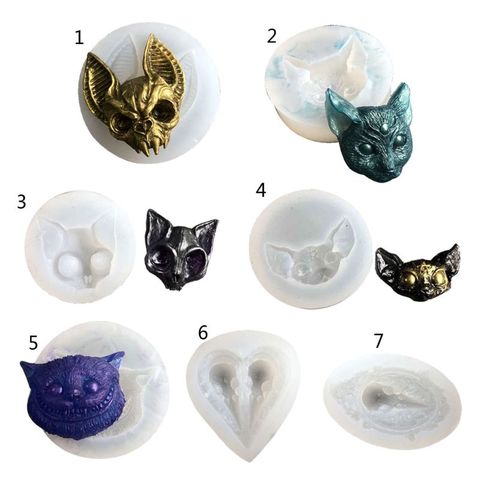 Epoxy Resin Cat Charms Silicone Molds Jewelry Casting Sphynx Cat 3 Eyes Kitty Horns Kitten Head Raven Crow Skull Mold ► Photo 1/6