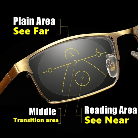 High Quality Progressive Multi Focal Reading Glasses Men Metal Full Frame Square Anti-blue Light Presbyopia Glasses Gold Color ► Photo 1/6