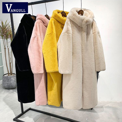 Vangull Winter Women High Quality Faux Rabbit Fur Coat Luxury Long Fur Coat Loose Hooded OverCoat Thick Warm Female Plush Coats ► Photo 1/6