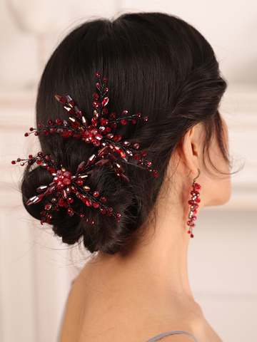 Bohe Red Black Bridal Headwear Crystal Hair pin and Earrings set Bride hair jewelry hat female wedding hair accessories ► Photo 1/6