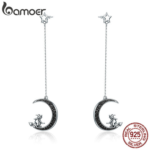 BAMOER Real 925 Sterling Silver  Magic Witch in Moon Star Black CZ Long Drop Earrings for Women Sterling Silver Jewelry SCE287 ► Photo 1/6