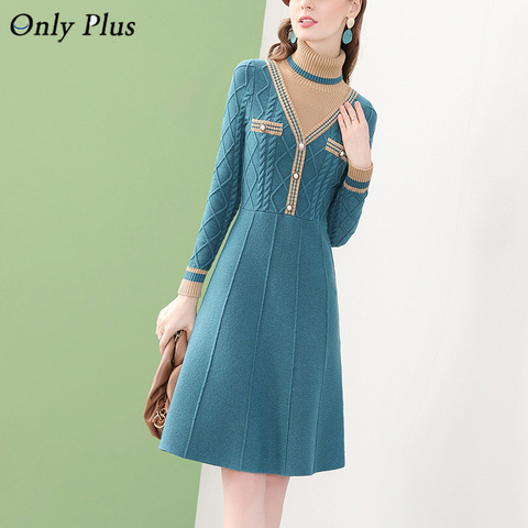 Blue Knitted Warm Sweater Dresses 2022 New Design Patchwork Turtleneck Twist A-Line Elegant Dress For Women Fashion Slim Clothes ► Photo 1/6