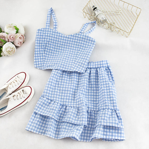 HELIAR Two-piece Sets Women Sleeveless Plaid Shirts And High Waist Skirts Sets Sweet Two Pieces Outfits Women 2022 Autumn ► Photo 1/6