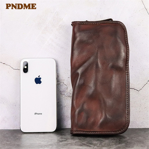 PNDME vintage first layer cowhide men's women's wallet simple handmade soft genuine leather ladies long phone zippers card bags ► Photo 1/6