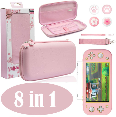 8 in 1 Pink Travel Carrying Case Accessories Kit for Nintendo Switch Lite Console Glass Screen Protector Thumb Stick Grips ► Photo 1/6