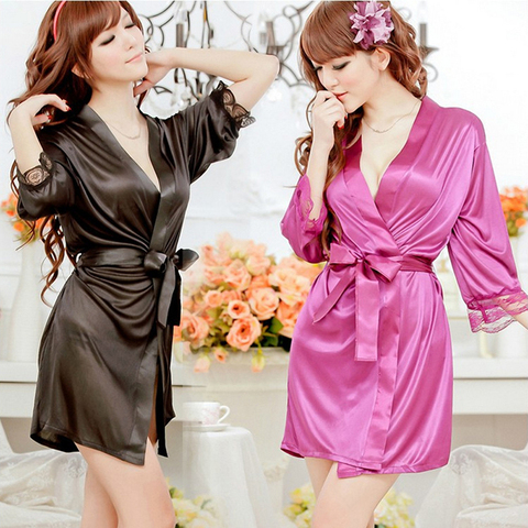 Women Faux Satin Lace Silk Underwear Lingerie Nightdress Sleepwear Robe ► Photo 1/6