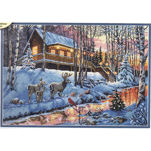 Gold Collection Counted Cross Stitch Kit Winter Cabin Chalet Hut Snow Deer and River Brook Creek dim 08976 ► Photo 1/5