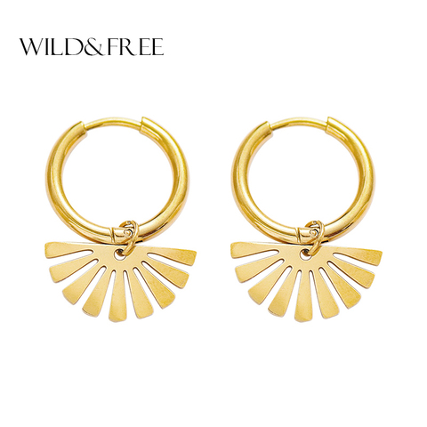 Wild&Free Fashion Stainless Steel Hoop Earrings Gold Color Hollow Out Sector Geometric Pendant Leaf Earrings For Women Jewelry ► Photo 1/6