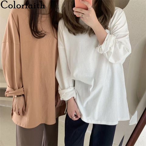 Colorfaith New 2022 Women Spring Autumn T-Shirts Oversize Solid Bottoming Long Sleeve Wild Korean Minimalist Style Tops T601 ► Photo 1/6