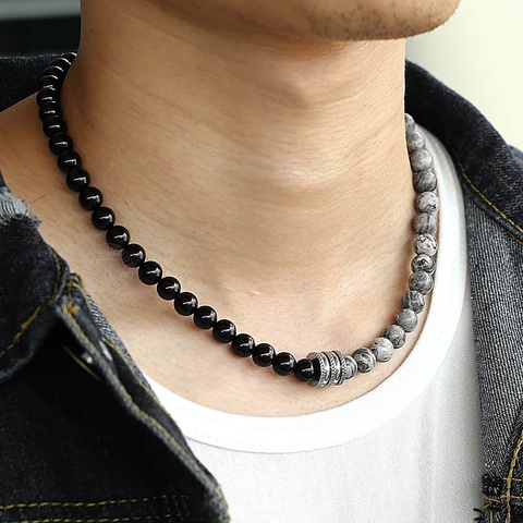 Natural Tiger Eyes Stone Bead Necklace for Men Women Toggle Clasp Stainless Steel Charm Black Glass Bead Necklace LTNB001 ► Photo 1/6