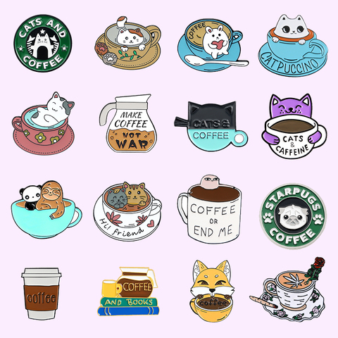 Coffee Theme Series Soft Enamel Pins Custom Cup Cats Animal Brooches Cartoon Badges Lapel Pin Jewelry Gift for Friends Wholesale ► Photo 1/6