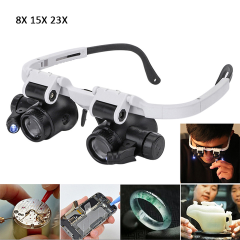 8X 15X 23X LED Retractable Head-mounted Watch Maintenance Magnifying Glasses Double Eyes Magnifying Glasses With LED Light ► Photo 1/6