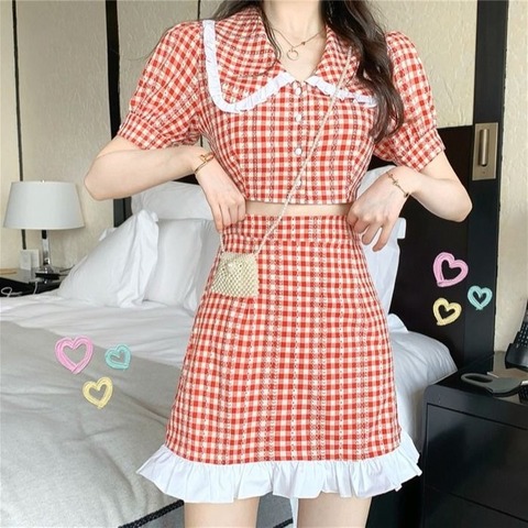 Summer Two Piece Set Women Korean Kawaii Plaid Crop Top + Mini Skirt Casual slim fit Japan Style elegant Sweet Set women 2022 ► Photo 1/6