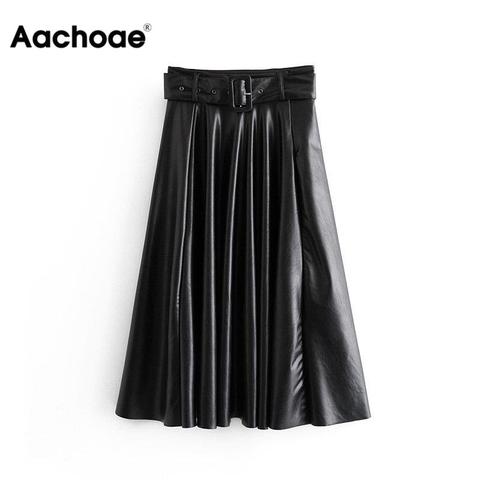 Aachoae Women Vintage Faux Leather Skirt With Belt 2022 Elegant Office Ladies Black PU Midi Skirt Pleated Casual Ladies Skirts ► Photo 1/6