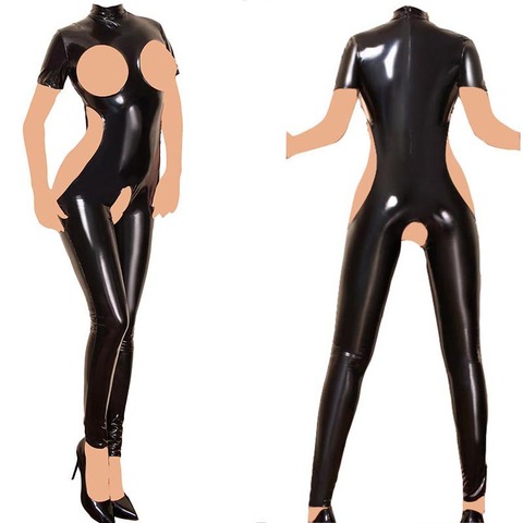 Sexy Women Patent Leather Cupless Crotchless Catsuit Bodysuit Wet Look Latex Style Jumpsuit Mistress Fetish Costume ► Photo 1/5