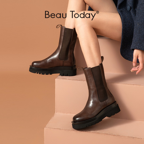 BeauToday Mid-Calf Boots Platform Women Cow Leather Elastic Band Round Toe Autumn Fashion Ladies Shoes Handmade 02369 ► Photo 1/6