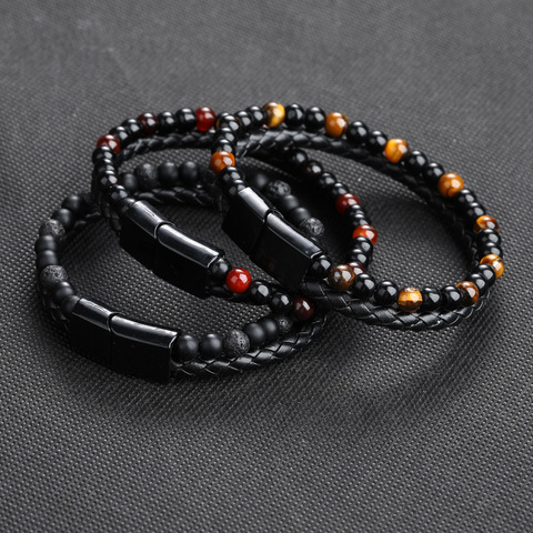 2022 Classic Leather And Tiger Eye Stone Bracelet Men Vintage Fashion Bileklik Bracelet Homme ► Photo 1/6