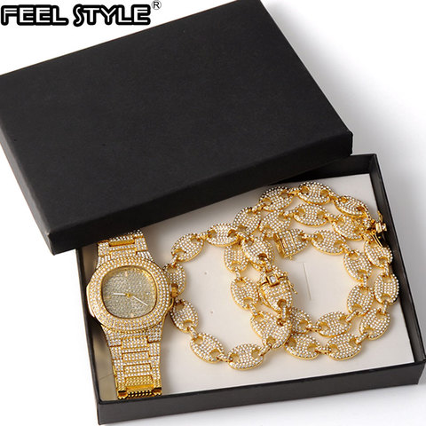 Watch +Chain+Bracelet HIP HOP Coffee Iced Out Alloy Bean Pig Nose Rhinestone Necklace Chain choker Necklaces for Men Jewelry ► Photo 1/6