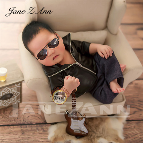 Jane Z Ann Newborn Photography props infant faux Leather jacket pants Social People cool boy  boss creative studio shooting item ► Photo 1/5