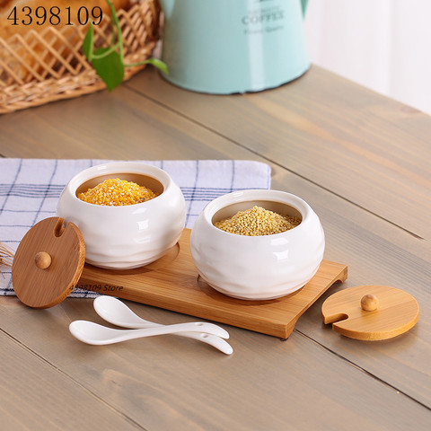 Ceramic Seasoning Pot Seasoning Box Wooden Tray Seasoning Bottle Olive Oil Pot Household Salt Pot with Spoon Kitchen Supplies ► Photo 1/6