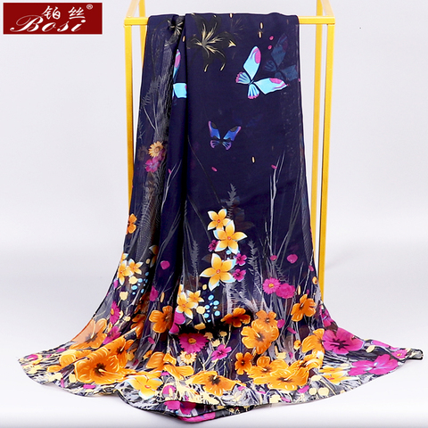 BOSI Chiffon Scarf  Woman Satin Long Scarf Flower Winter Print Plaid butterfly Beach Luxury Brand ladie Hijab Head Stoles Spring ► Photo 1/6