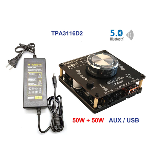2*50W Power Amplifier Stereo Bluetooth 5.0 TPA3116D2 Audio 10W~100W HiFi Class D Digital TPA3116 USB Sound Card Mini Music AMP ► Photo 1/6
