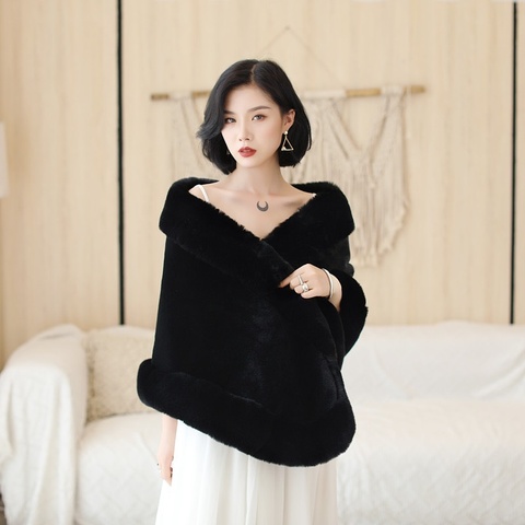 Black Faux fur Women Bridal Wedding Party Shawl Shrug Jacket Cape Stole ► Photo 1/6