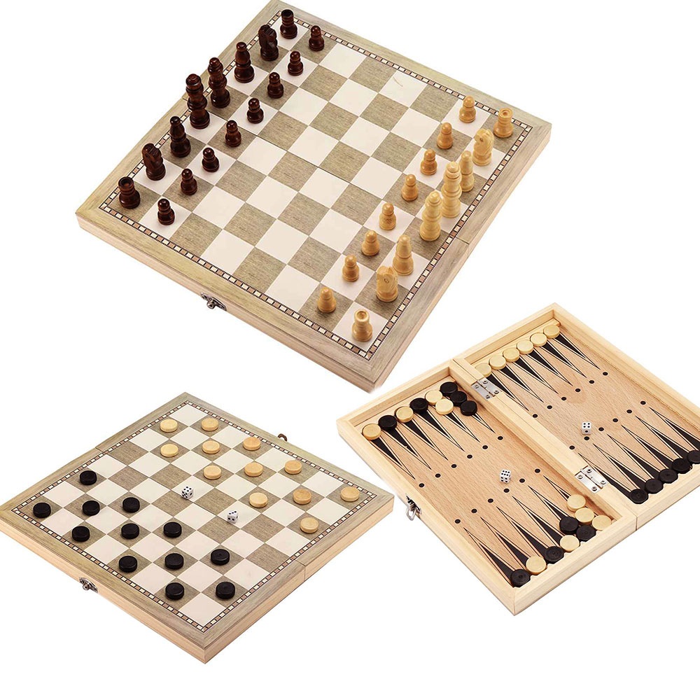 Folding Wooden Chess Set Board Game Checkers Backgammon Draughts Toy Gift 
