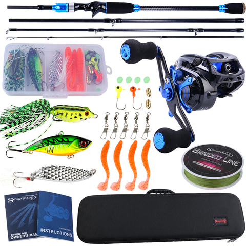 Sougayilang 1.8m 2.1m 4 Section Baitcsting Rod Full Kit Carbon Fiber Casting Reel Sets 100M Fishing Line Lures Hooks Combo Pesca ► Photo 1/6